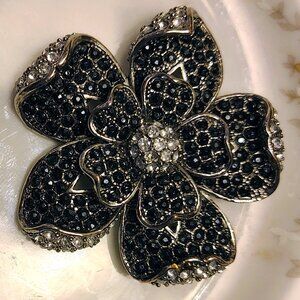 Vtg Black & Clear Pave Rhinestone Flower Mourning Brooch Silver Tone